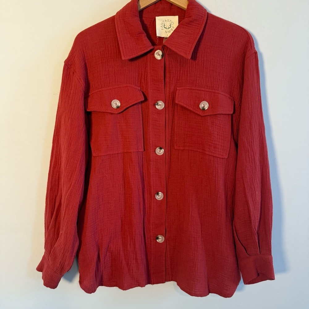 Fantastic Fawn 100% Cotton Oversized Red Button-Up Shirt, Size S